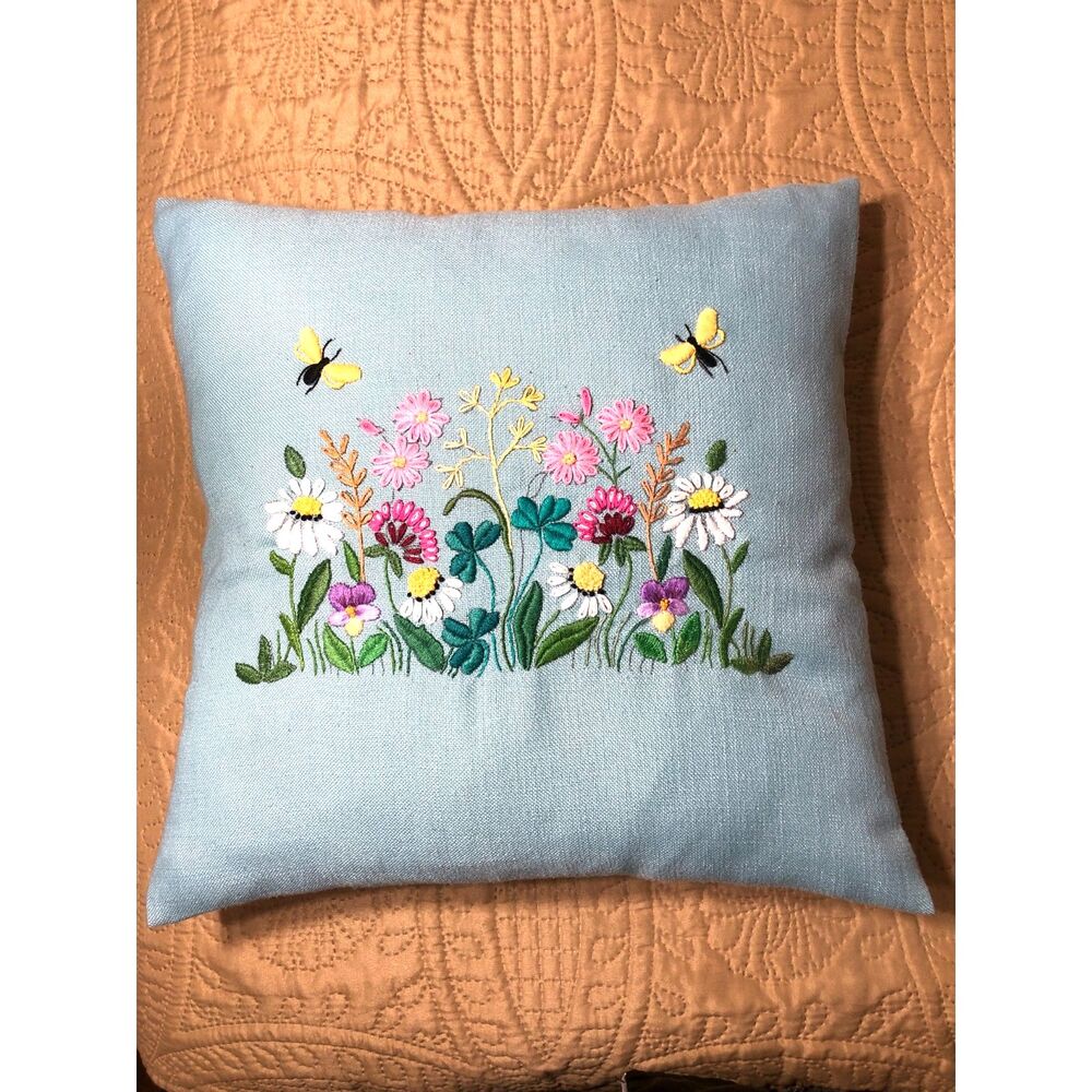 Hand Embroidered Wildflower Pillow Cover Floral Artisan Cushion Case Cottagecore